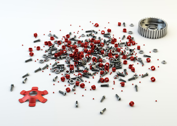 Pile of nuts and bolts from disassembled clutch isolated on whit - Photo, Image