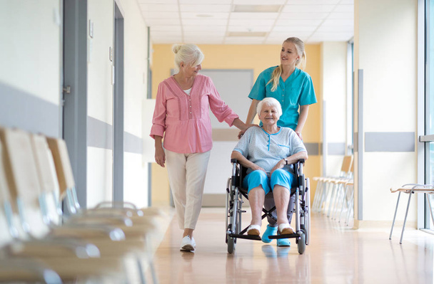 Elderly woman on wheelchair with her daughter and nurse - Foto, imagen