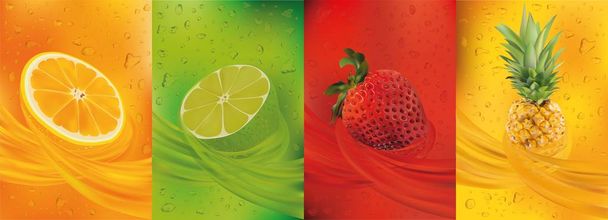 Vruchtensap, ananas, limoen, sinaasappel, aardbei. 3D vers fruit. Fruit spatten close-up. Vector illustratie. - Vector, afbeelding