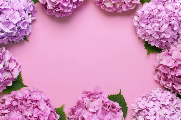 Quadro de belas flores de hortênsia rosa com folhas verdes no fundo rosa vista superior plana leigos espaço de cópia. Cartão de flores. Férias, parabéns, dia feliz das mães. Dia Internacional da Mulher
. - Foto, Imagem