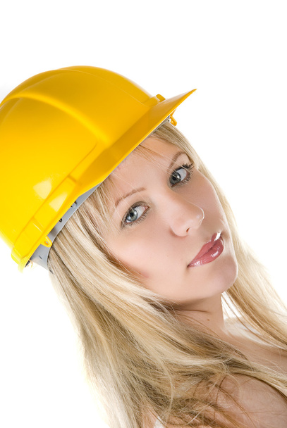 Blond in yellow building helmet - Foto, Imagen