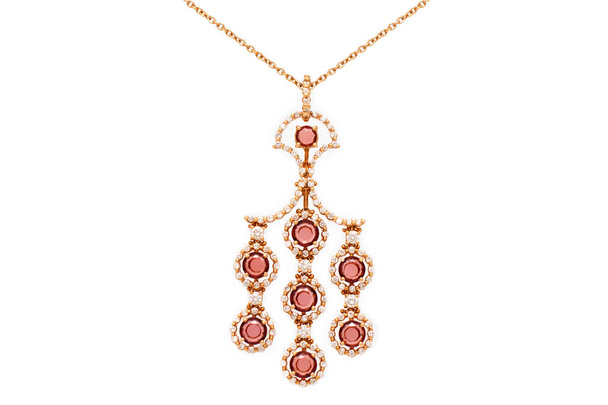 Colgante de oro de lujo con gemas rosadas y diamantes aislados en blanco
 - Foto, imagen
