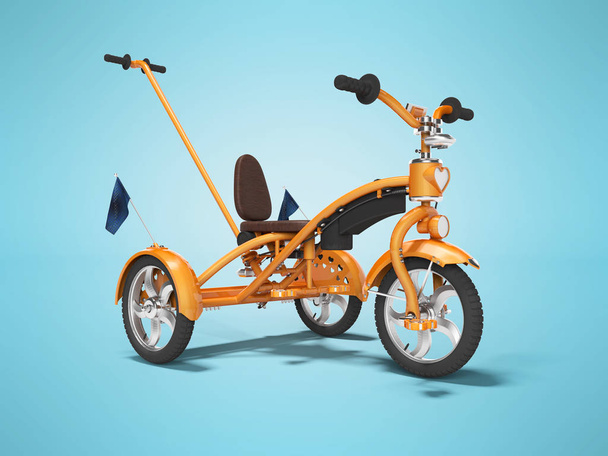Orange Kids fiets met telescopische handvat geïsoleerd 3D renderen op BL - Foto, afbeelding