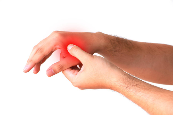 dor no dedo com marca vermelha isolada
  - Foto, Imagem