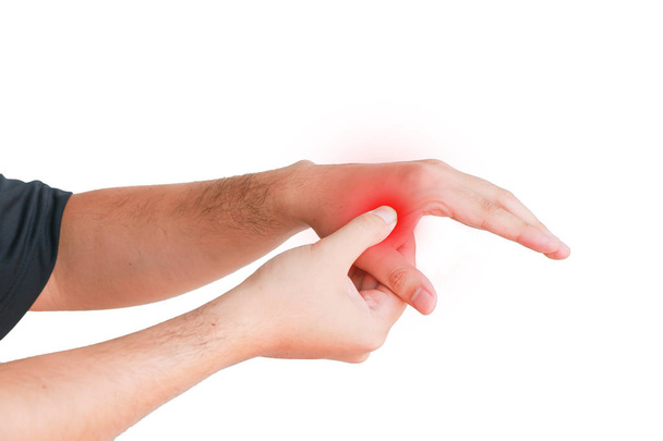 dolor en los dedos con marca roja aislada
  - Foto, Imagen