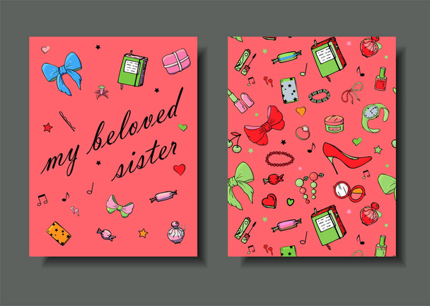 Set von handgezeichneten Vorlagen Modekarten mit Dingen für Mädchen - Vektor, Bild