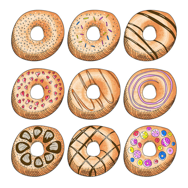 Donuts decorados com cores de gelo ilustrações conjunto
 - Vetor, Imagem