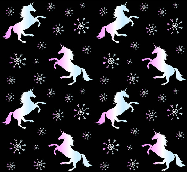Vector pattern of holographic unicorn with snow - Вектор,изображение