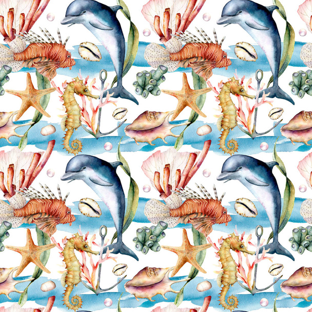 Watercolor seamless pattern with reef animals. Hand painted dolphin, lionfish, seahorse and anchor illustration isolated on white background. Nautical illustration for design, print and background. - Фото, изображение