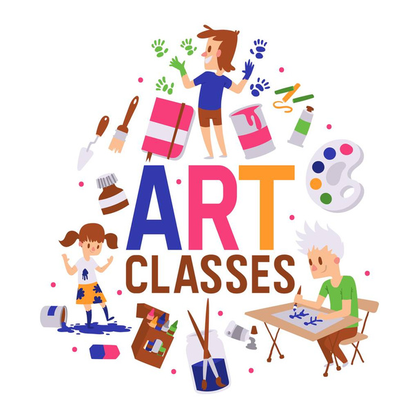 Art classes banner vector illustration. Girl and boys drawing, painting, sketching on with equipment. Education, enjoyment concept. Pencils, watercolor, crayons. Creative people. - Vector, Image