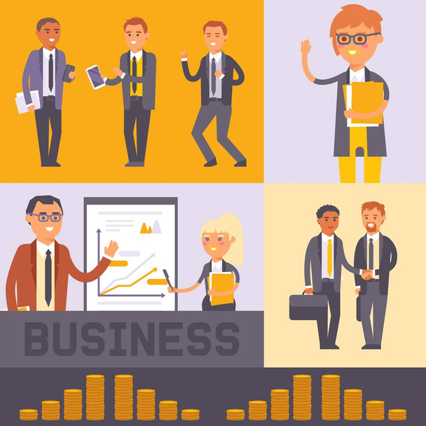Flat people businessman banner vector illustration. Business man and woman in formal black suits shaking hands. Workers team. People standing near presentation. Earning money. Discussing projects. - Vector, Image