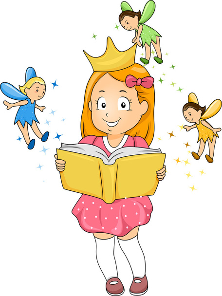 Little Kid Girl reading a Fantasy Book with Fairies - Photo, Image