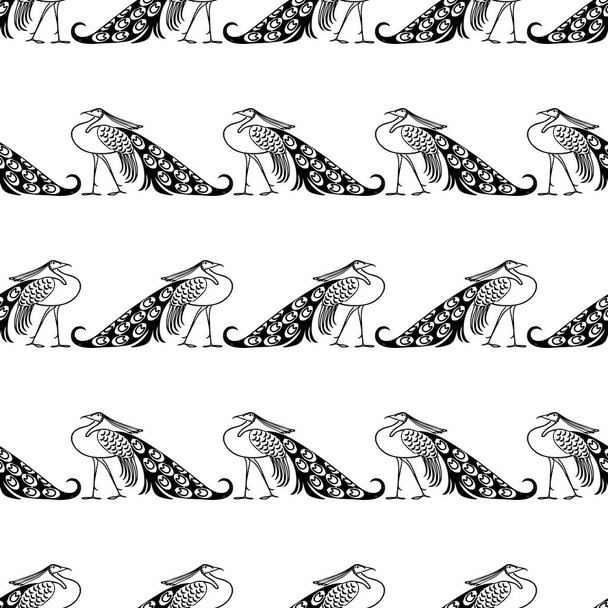 Naadloos patroon van getekende wandel pauwen - Vector, afbeelding