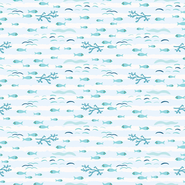 Cute shoal of fish swimming in sea water. Cartoon marine animal seamless vector background. Hand drawn ocean life tile. All over print kids textiles. Animal fishing stationery, nautical home decor. - Vector, Image