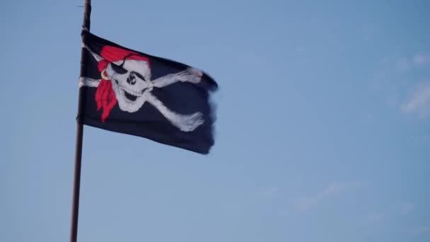 青空に向かう風の中で進化する旗柱の海賊旗 - 映像、動画