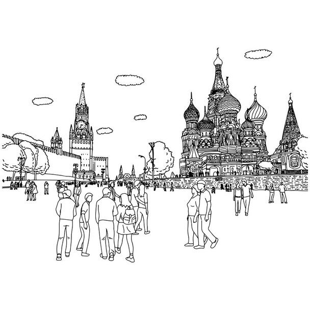 personnes ou touristes marchant Kremlin et cathédrale de St. Basilic à la Place Rouge à Moscou en Russie illustration vectorielle croquis gribouille dessinée à la main avec des lignes noires isolées sur fond blanc
 - Vecteur, image