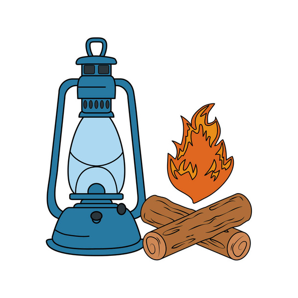 fogata camping y linterna de queroseno
 - Vector, imagen