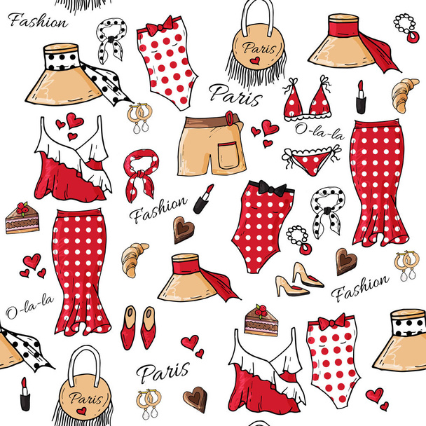 Fashion set of womans summer clothes and accessories. Seamless pattern. - Vector, Imagen