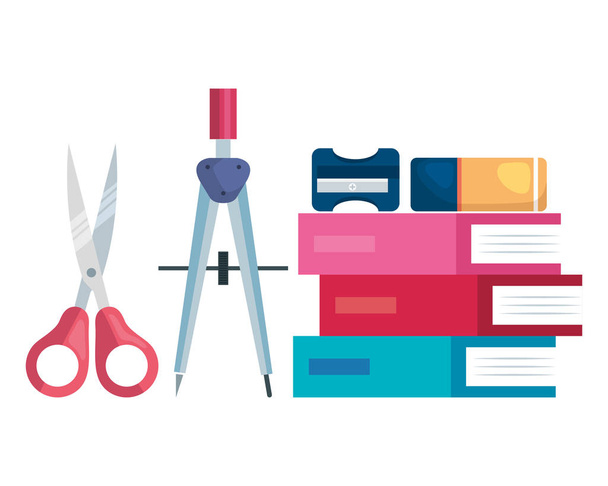 pile textbooks with scissors and supplies - Vektor, Bild