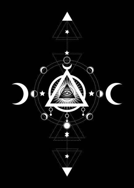 Το μάτι της πρόνοιας. Μασονικό σύμβολο. Όλα τα μάτια στο εσωτερικό της παγανιστικής θεάς του φεγγαριού Γουίκα. Απεικόνιση διανύσματος. Τατουάζ, αστρολογία, αλχημεία, Μπόχο και μαγικό σύμβολο. Κύκλος της σεληνιακή φάση - Διάνυσμα, εικόνα