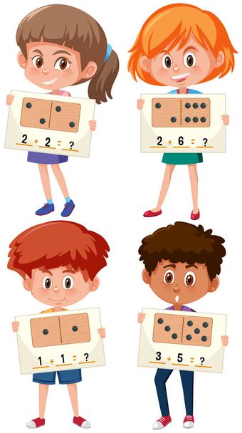 Set of children holding math worksheet - Vector, Image