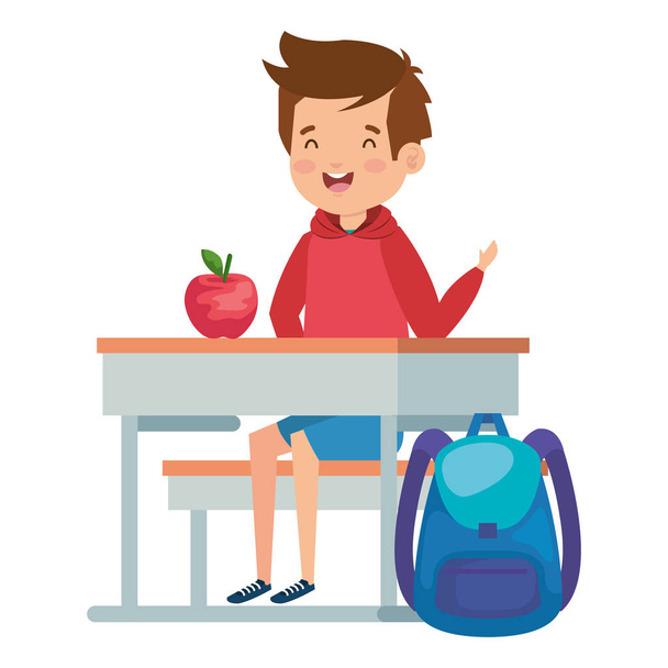 ученик, сидящий в школьном столе с яблоком и сумкой
 - Вектор,изображение
