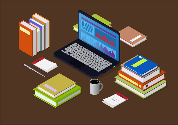 ізометрична купа книг з ноутбуком, кавою та ручкою
 - Вектор, зображення