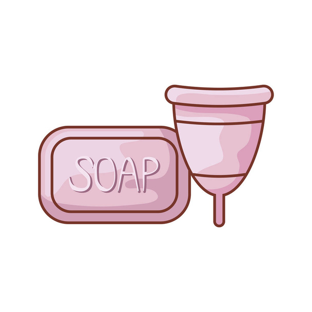 Menstruationstasse mit Bar-Seife isoliert Symbol - Vektor, Bild