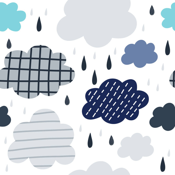 nahtloses Muster mit Wolken, Regen und Wassertropfen. Vektor-Design für Packpapier, Textilien.  - Vektor, Bild