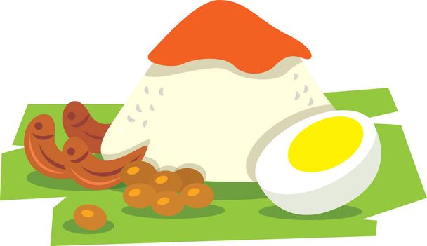 Επίπεδη τέχνη του Νασι Λέμακ. Παραδοσιακά Μαλαισιανά φαγητά. Ρύζι Νασι Λέμακ με βραστό αυγό, φιστίκια, φύλλα μπανάνας. Πικάντικο Σαμπάλ πάνω από ρύζι. -διάνυσμα - Διάνυσμα, εικόνα