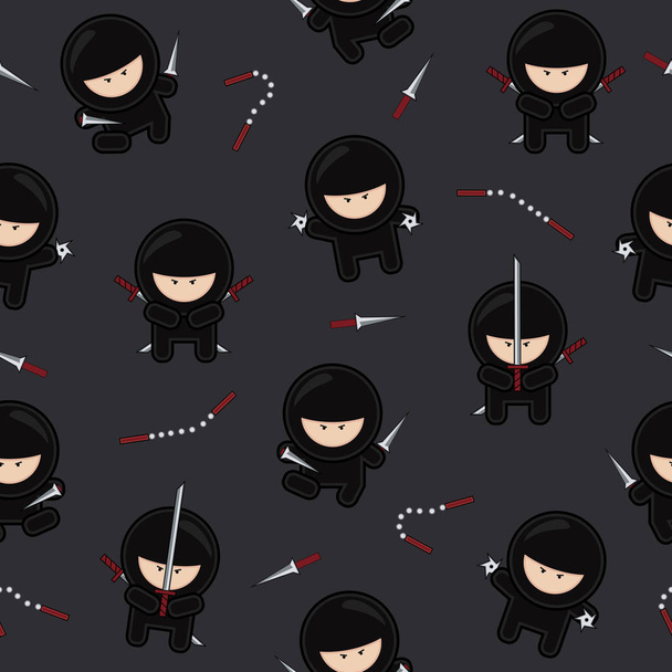 Postacie Ninja bezszwowe wzór na czarnym tle, kreskówka wojowników wektor ilustracji, Japonia bojowników - Wektor, obraz