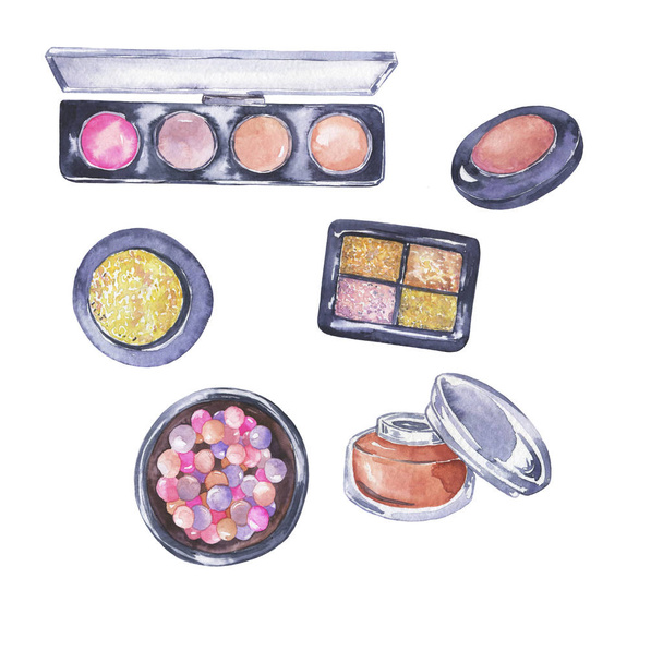 close up view of various makeup cosmetics arranged on white backdrop - Foto, Bild