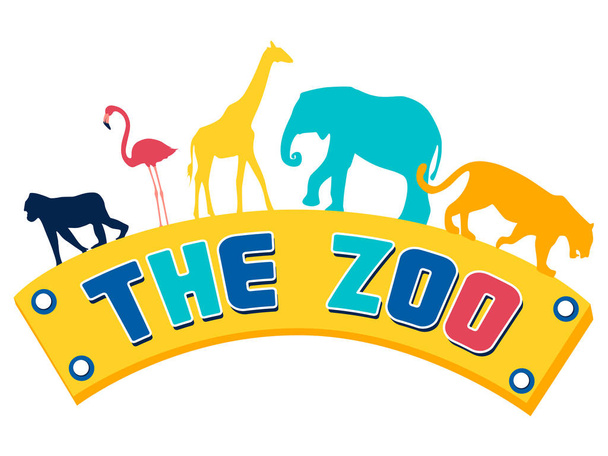 Logo, deska, zoologická zahrada. Zvířata na textu. V minimalistickém stylu. Kreslený plochý vektor - Vektor, obrázek