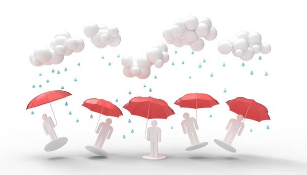 Rain clouds Monochrome minimal and People Fun holding Red umbrellas concept Modern art on isolated and white background - 3d rendering - Foto, Imagen