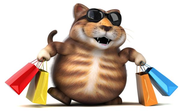 Веселая кошка с сумками - 3D иллюстрация
 - Фото, изображение