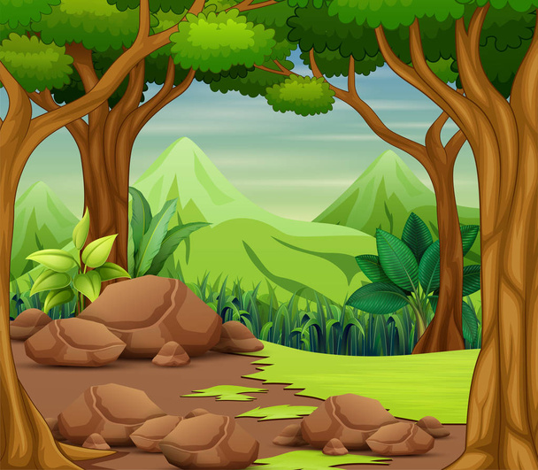 Ağaçlar ve güzel manzara arka plan ile Orman sahnesi - Vektör, Görsel