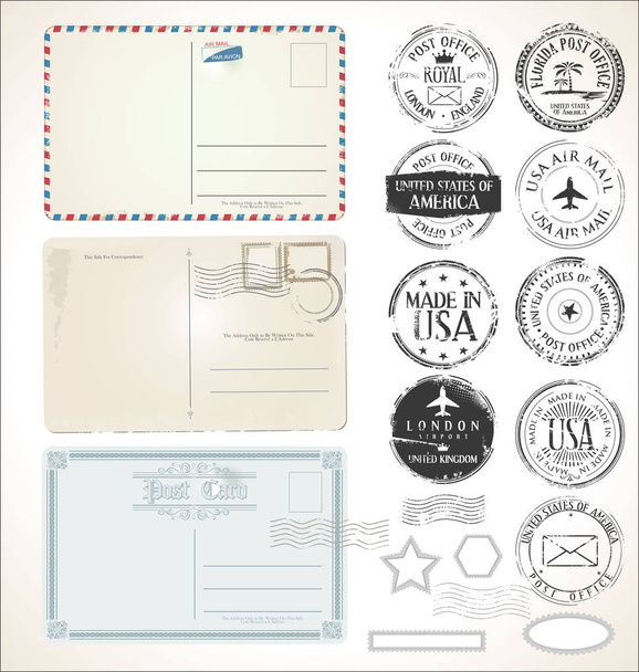 Set of postal stamps and post cards on white background mail post office air mail - Vector, Image