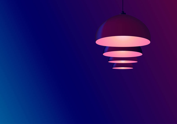 Abstract neon blue background. Billiard lamps hang in a row. Pendant bulbs  bulbs shine pink. Copy space for text, template. - Vector, Image