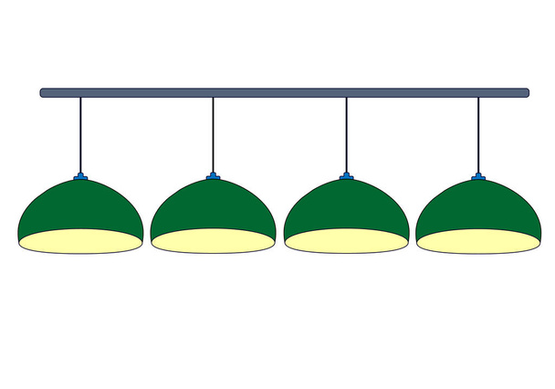 Négy zöld biliárd lámpák közelről sárga fény. Sor zöld lógott 4 lámpa biliárd világítás a biliárdasztal. Elszigetelt fehér alapon. Vektor egyszerű lapos illusztráció. - Vektor, kép