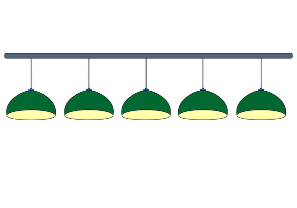 Set de 5 lámparas de billar verdes con luz amarilla. Fila verde colgando 4 lámparas para iluminación mesa de billar. Aislado sobre fondo blanco. Vector simple ilustración plana
. - Vector, Imagen