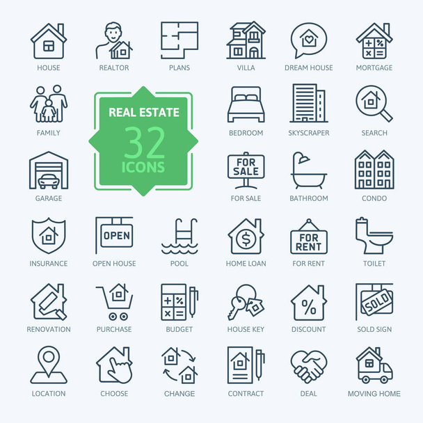 Real Estate minimal thin line web icon set. Included the icons as realty, property, mortgage, home loan and more. Outline icons collection. Simple vector illustration. - Vector, Image