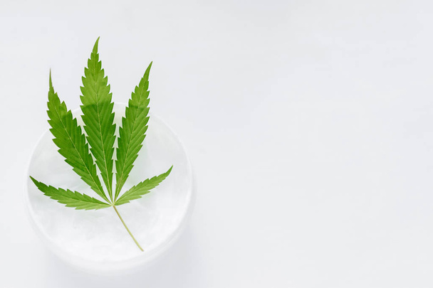 Folha de cannabis verde em um frasco de creme. Pasta de erva e cânhamo
  - Foto, Imagem