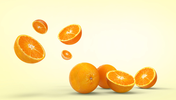 Naranja fruta fresca Concepto Verano - vacaciones y obras de arte sobre fondo amarillo - 3d renderizado
 - Foto, Imagen
