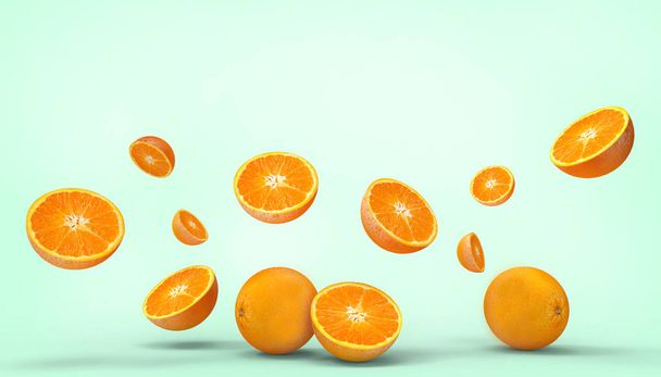 Πορτοκαλί φρούτα φρέσκο concept καλοκαίρι-διακοπές σε παστέλ πράσινο φόντο-3D απόδοση - Φωτογραφία, εικόνα