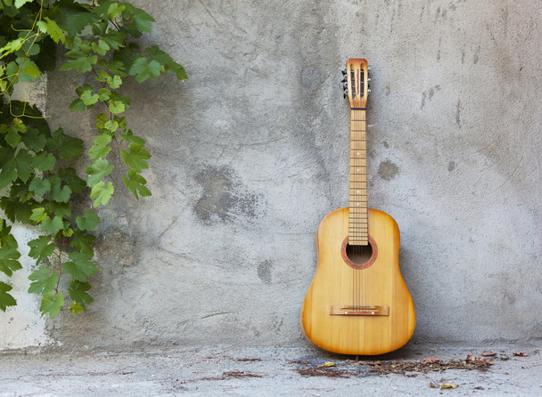 vieja guitarra clásica de pie contra la pared grumosa
 - Foto, Imagen