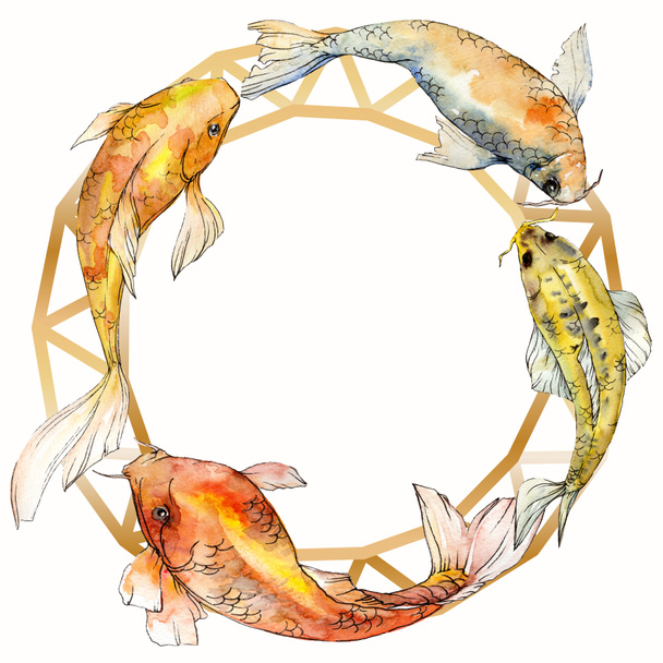 Watercolor aquatic underwater tropical fish set. Red sea and exotic fishes inside: Goldfish. Frame border square. - Φωτογραφία, εικόνα