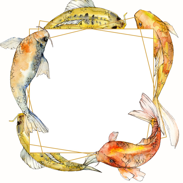 Aquarela aquática subaquática conjunto de peixes tropicais. Mar vermelho e peixes exóticos dentro: Goldfish. Quadro fronteira quadrada
. - Foto, Imagem