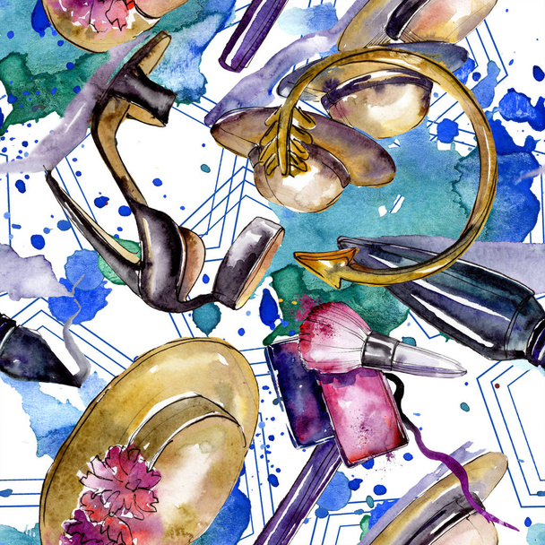 Clothes accessories and cosmetics set trendy outfit. Watercolor background illustration set. Watercolour drawing fashion aquarelle. Seamless background pattern. Fabric wallpaper print texture. - 写真・画像