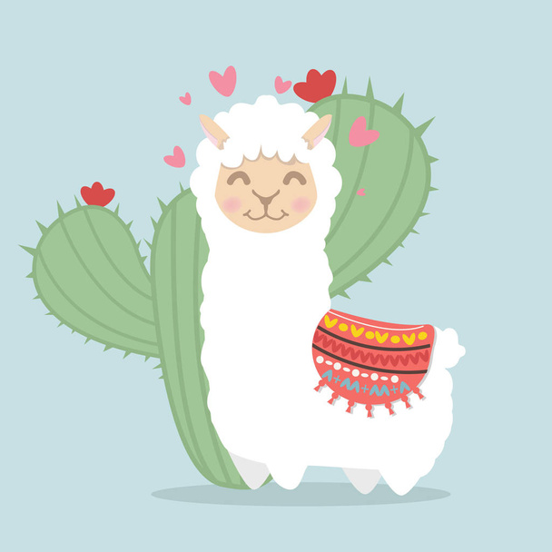 llama alpaca fluffy with cactus plant - ベクター画像