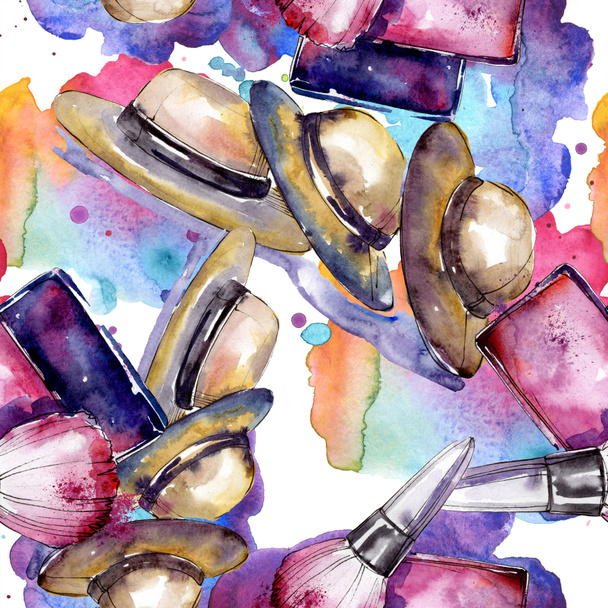 Clothes accessories and cosmetics set trendy outfit. Watercolor background illustration set. Watercolour drawing fashion aquarelle. Seamless background pattern. Fabric wallpaper print texture. - Photo, Image